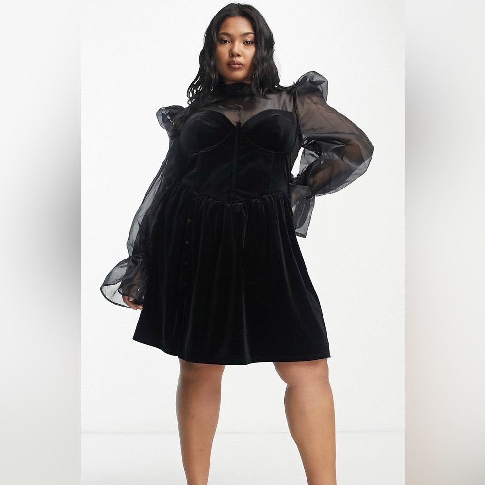 ASOS plus size velvet mini dress with high neck and sheer sleeves size 18. - Picture 2 of 3